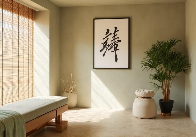 A peaceful spa setting with calligraphic elements