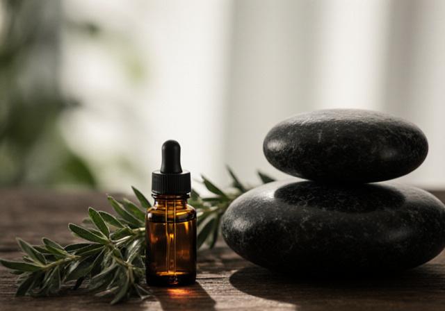 Soothing aromatherapy oils and dark stones on a wooden background