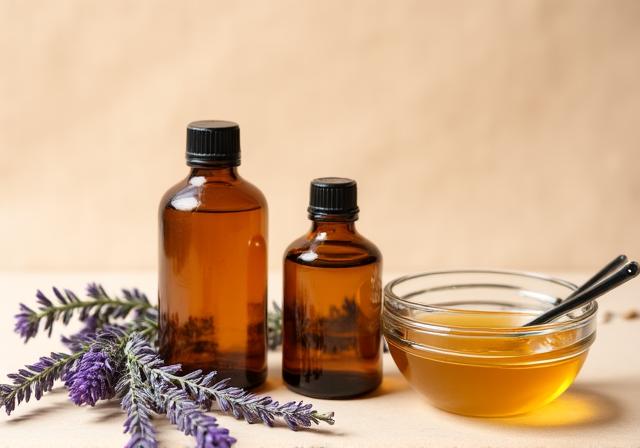 Essential oils and lavender sprigs next to massage oil on a wooden table