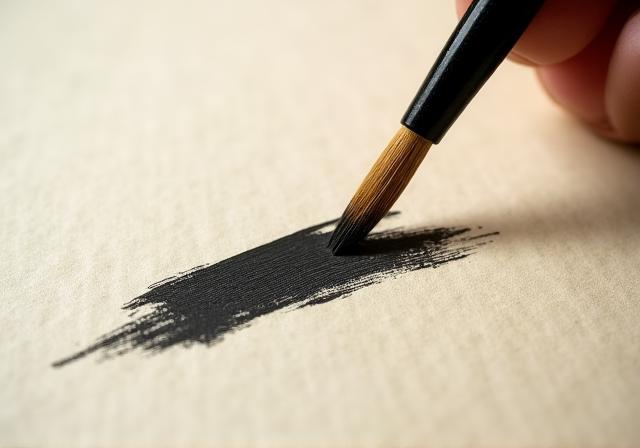 A brush applying black ink to rice paper with a focus on mindful stroke movement