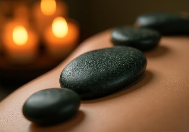 Warm smooth volcanic stones placed on a person's back in a spa setting
