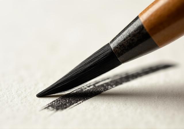 Detailed macro shot of a calligraphy brush making a curved stroke with black ink