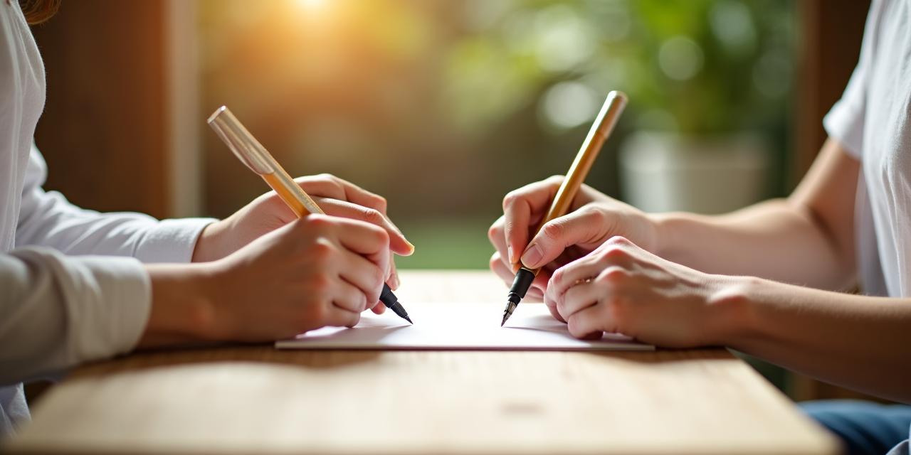 Students hands practicing calligraphy in a bright, minimalist studio garden setting