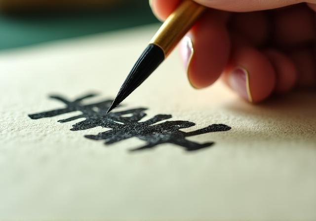 Close up of a brush creating a Japanese kanji character on rice paper