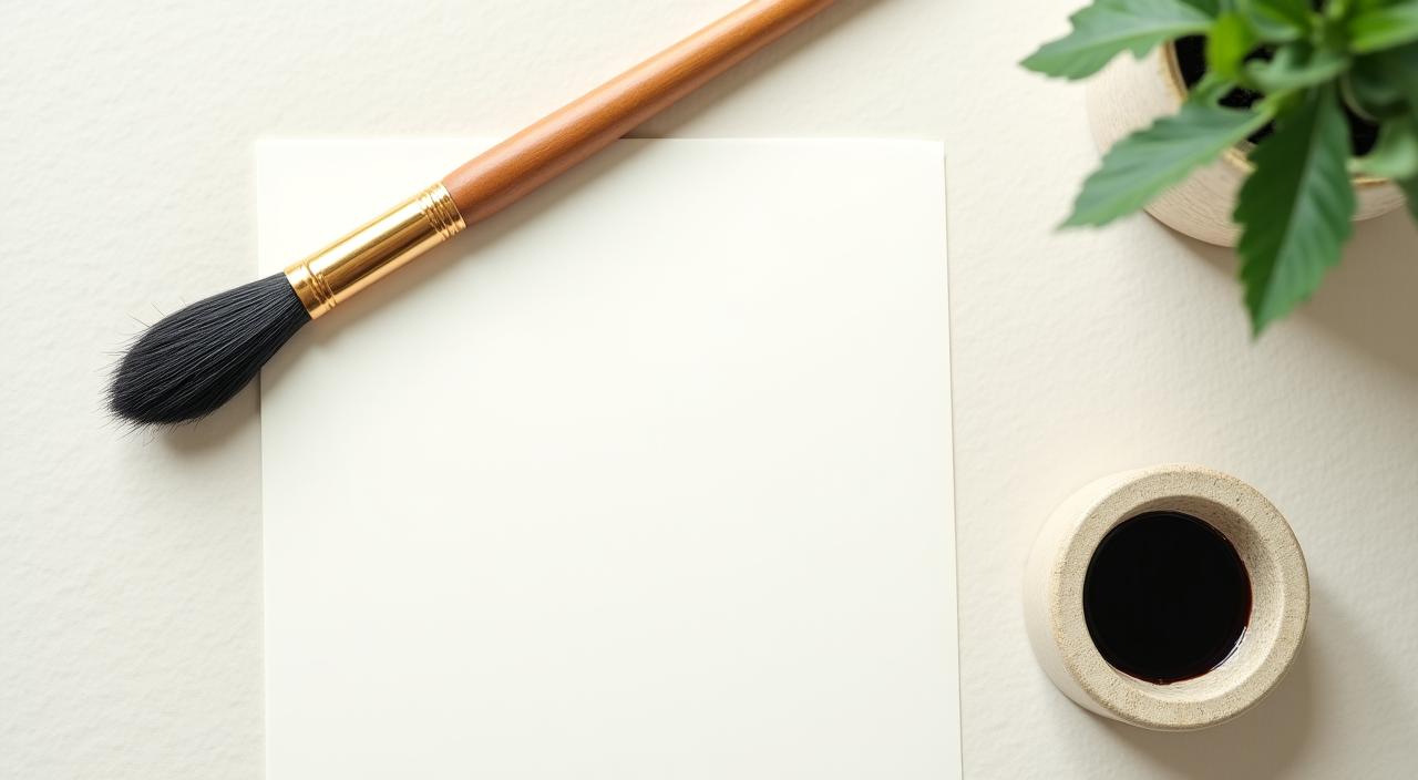 Close-up of a brush applying black ink to rice paper in a serene environment
