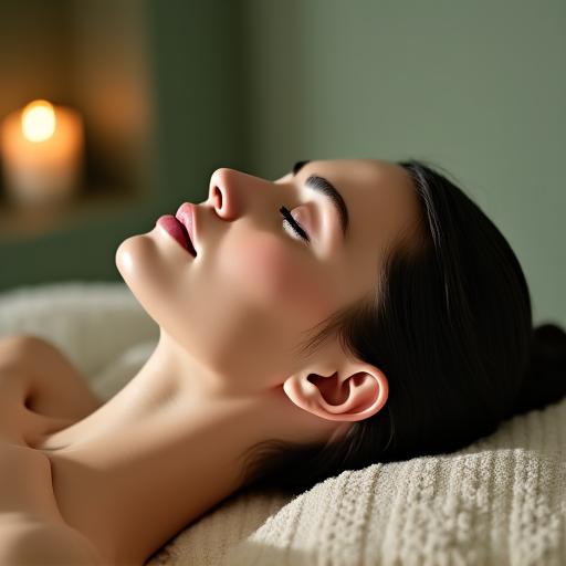 A woman looking serene and relaxed while receiving a massage in a spa environment