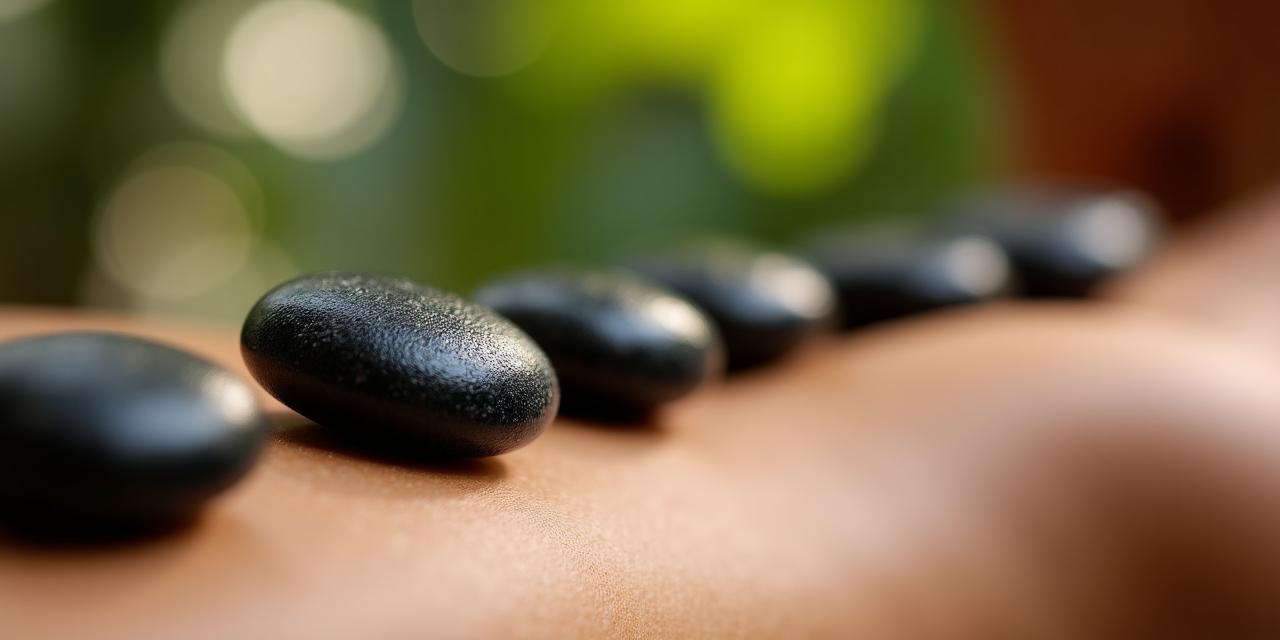 Close-up of smooth black basalt stones resting on a peaceful person's back