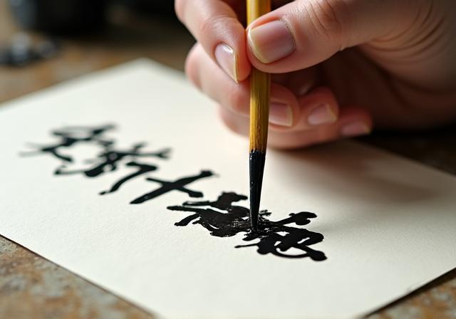 Artist's hand practicing traditional ink calligraphy on rice paper