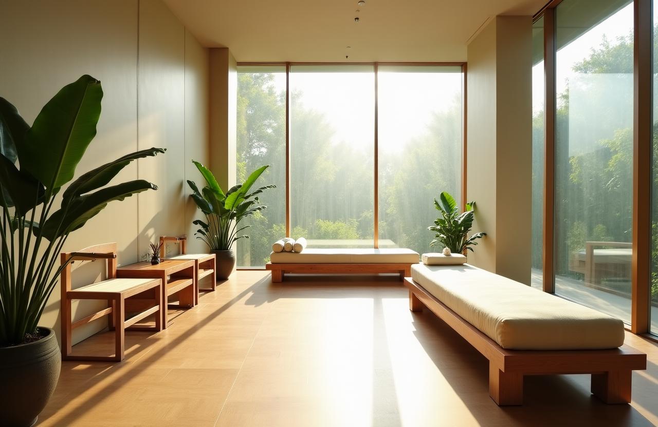 Serene spa environment with natural light and minimalist decor