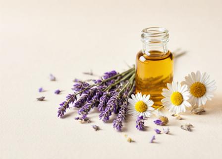 Dried lavender and chamomile flowers with essential oil vial